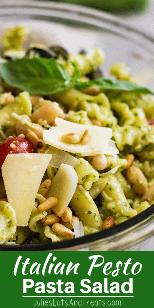 Italian pesto pasta salad in a glass bowl