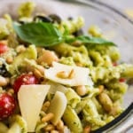 Close up of Italian Pesto Pasta Salad in a bowl.