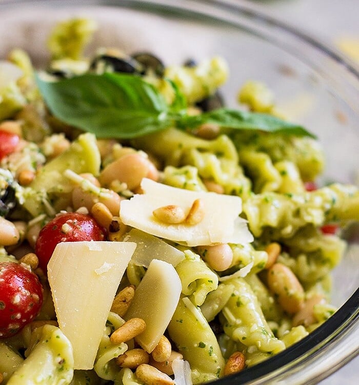 Close up of Italian Pesto Pasta Salad in a bowl.