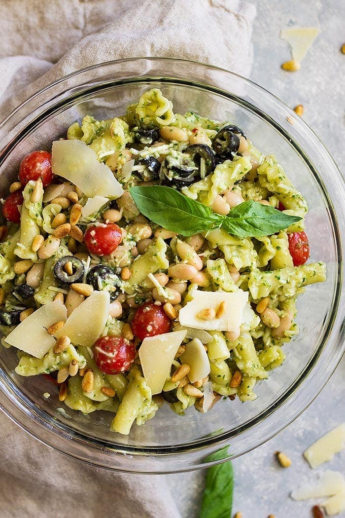 Top down view of Cold Pesto Pasta Salad. 