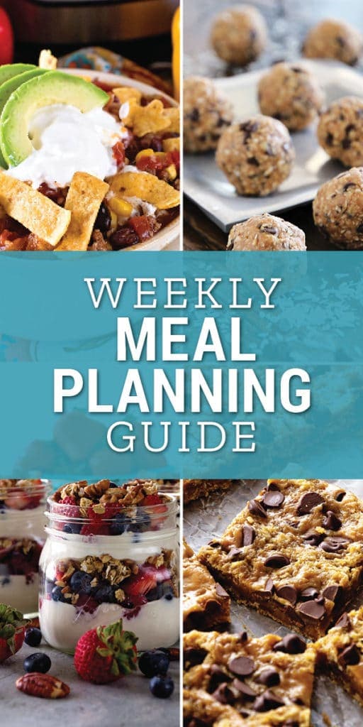 Collage of four pictures of taco soup, energy bites, bars, and breakfast parfaits with text reading weekly meal planning guide