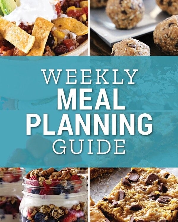 Collage of four pictures of taco soup, energy bites, bars, and breakfast parfaits with text reading weekly meal planning guide