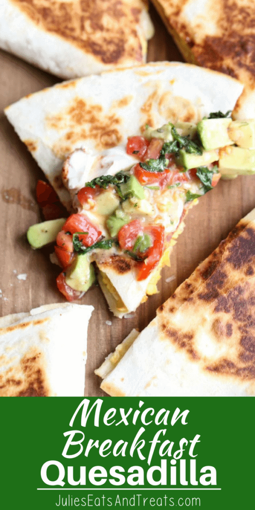 Breakfast Quesadillas topped with avocado and tomatoes