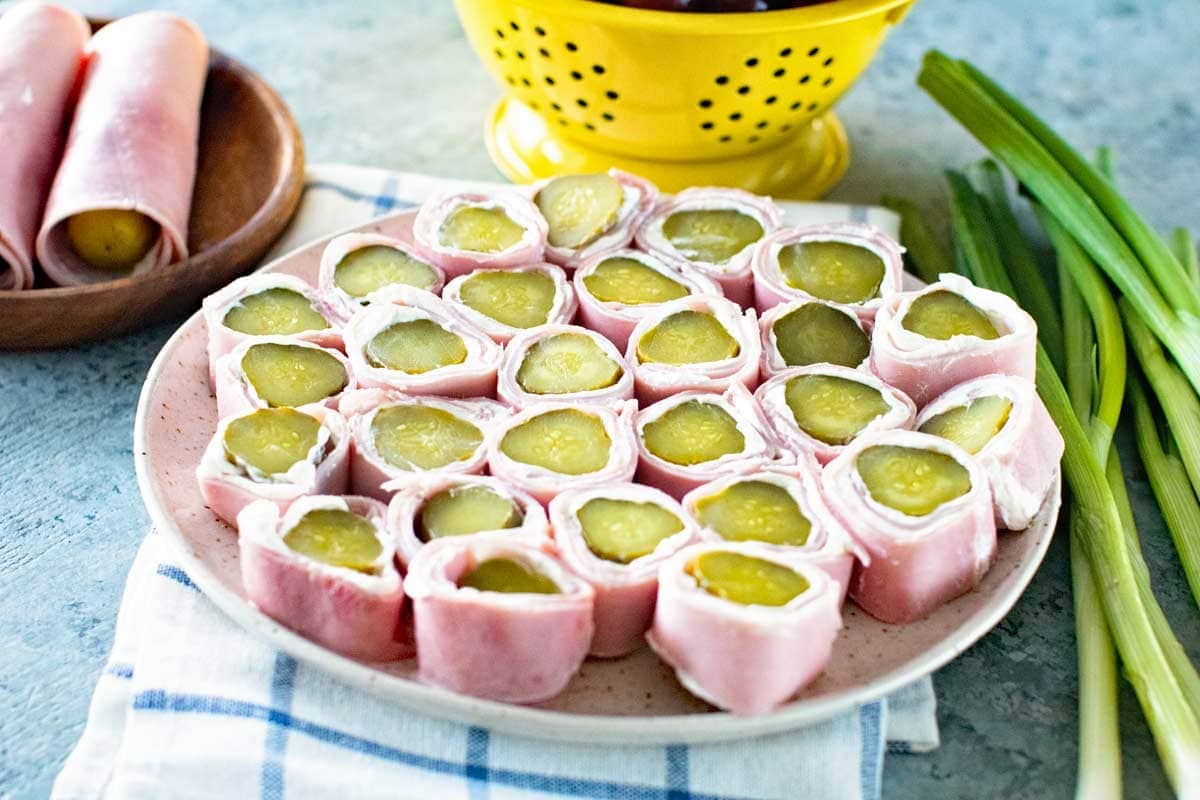 Ham and Pickle Roll Ups on plate