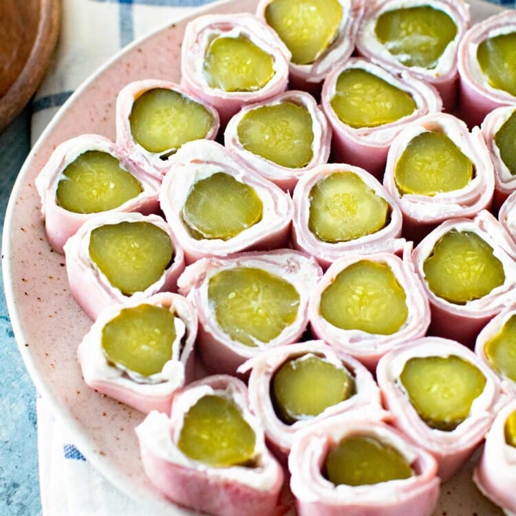 Pickle and ham Roll Ups on Platter