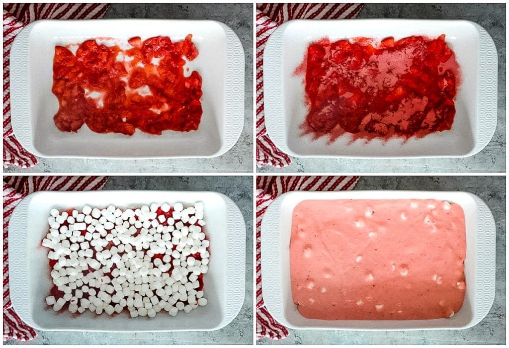 Collage of four images showing how to make cake 