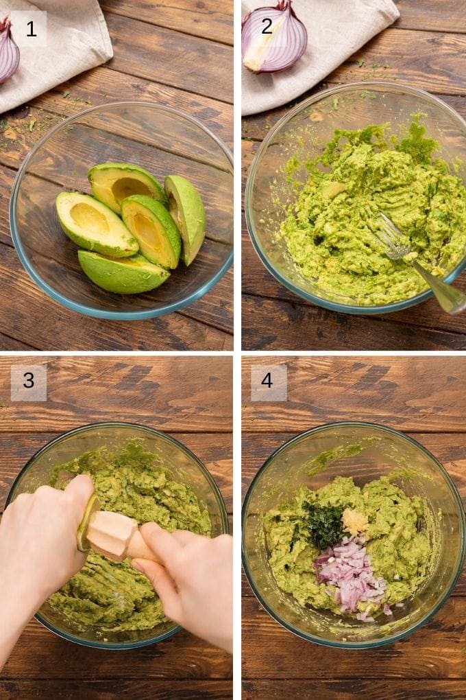 Four image collage showing mashing avocados and adding lime juice and ingredients to bowl