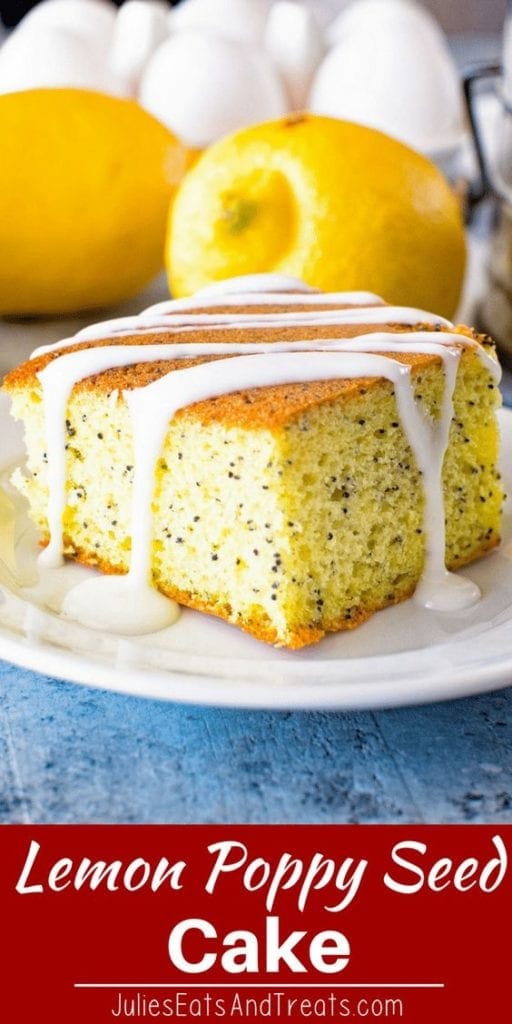 Piece of lemon poppy seed cake with icing on a white plate