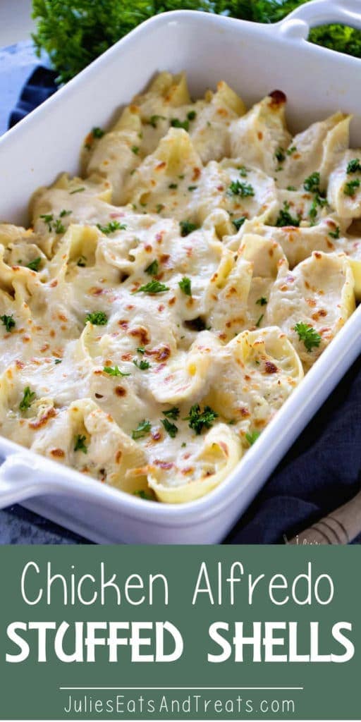 Chicken alfredo stuffed shells in a white baking dish