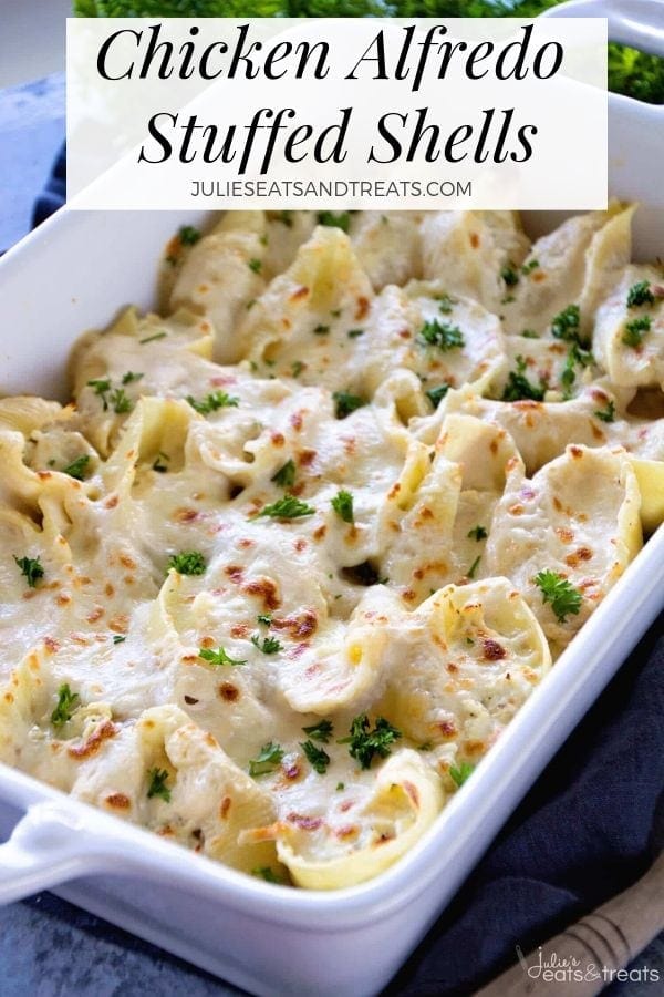 Chicken Alfredo Stuffed Shells in a white baking dish