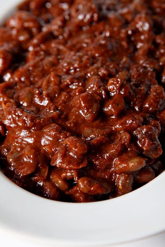 Close up of a bowl of Instant Pot Vegetarian Baked Beans