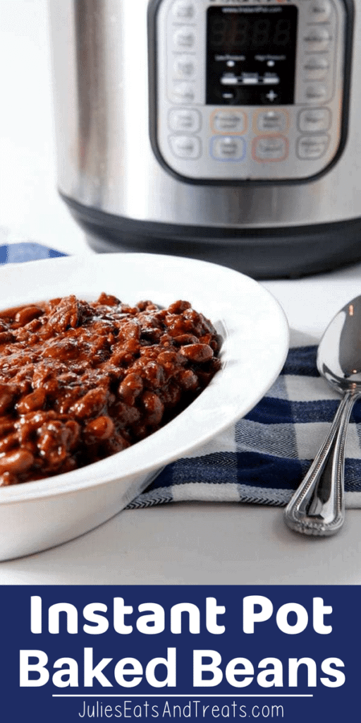 Pressure Cooker Baked Beans in a white bowl in front of the pressure cooker