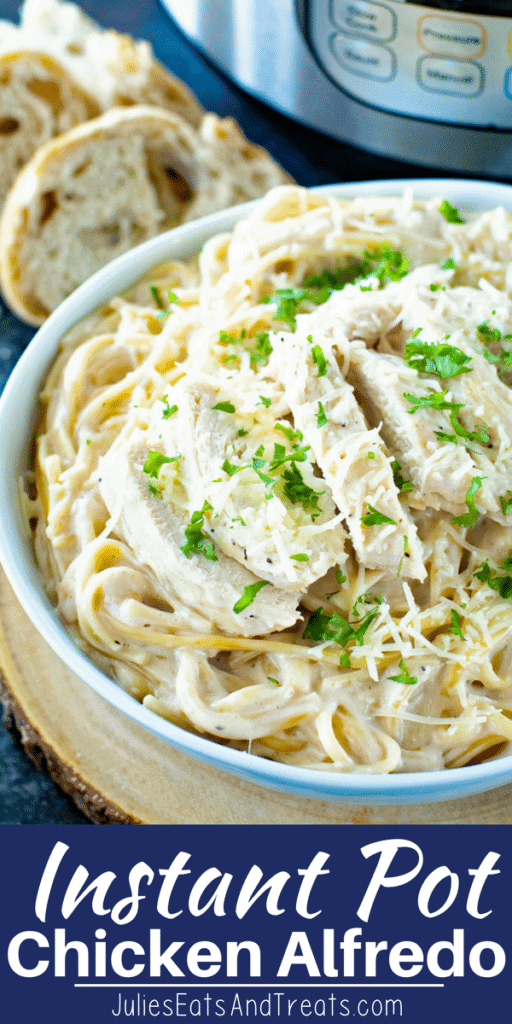 Chicken Alfredo in a white bowl in front of an instant pot