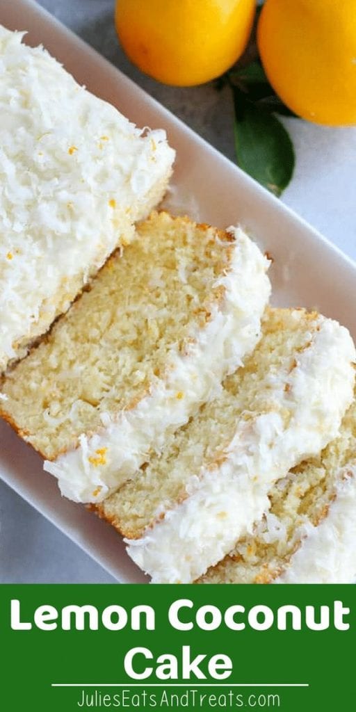 Lemon coconut cake sliced on a white tray