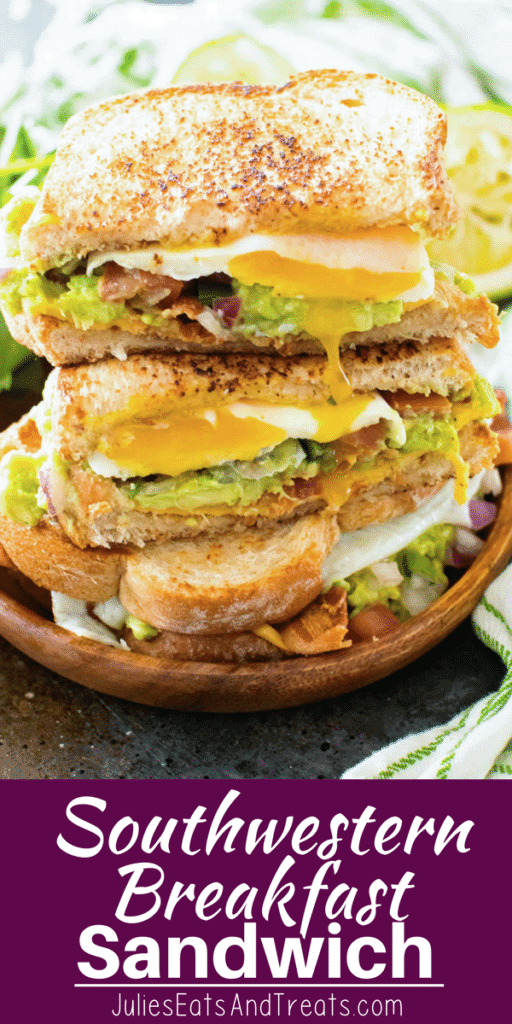 Southwestern Breakfast Sandwich cut open and stacked on a wood plate