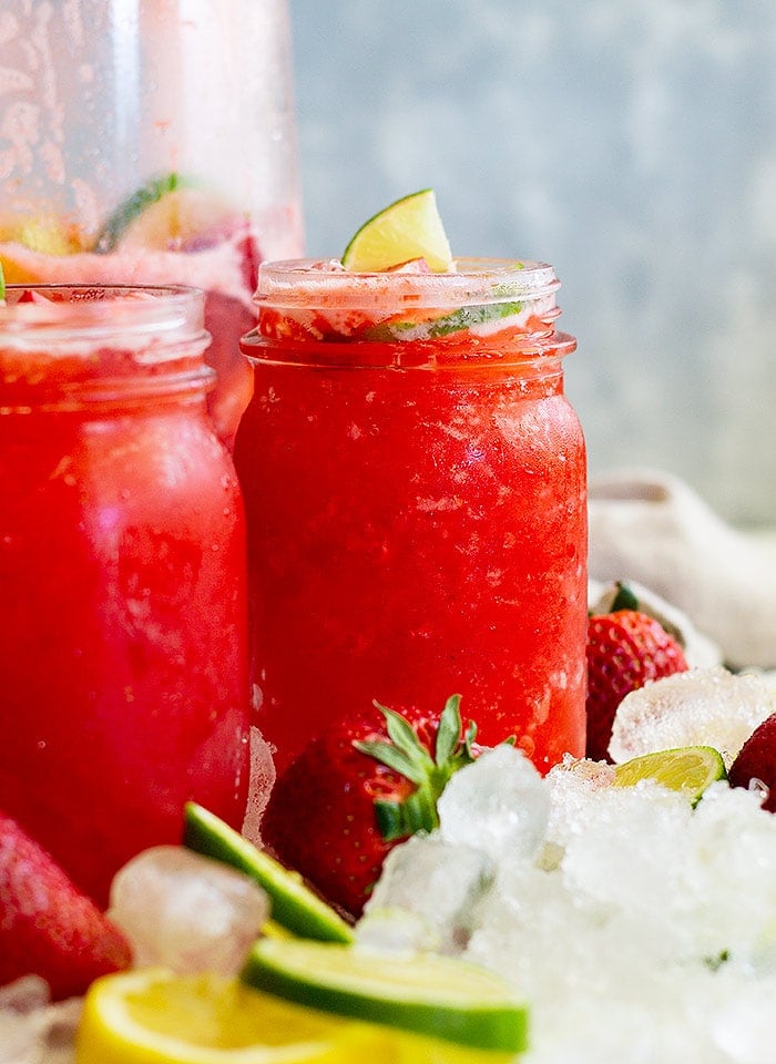 Lemonade Margarita with Strawberries in Mason Jars