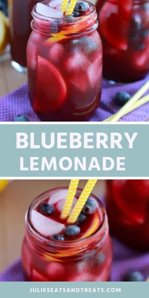 Collage with top image of a mason jar of blueberry lemonade, middle blue banner with white text reading blueberry lemonade, and bottom image close up of the rim of a mason jar with blueberry lemonade, ice, blueberries, a lemon wedge, and two yellow straws in it