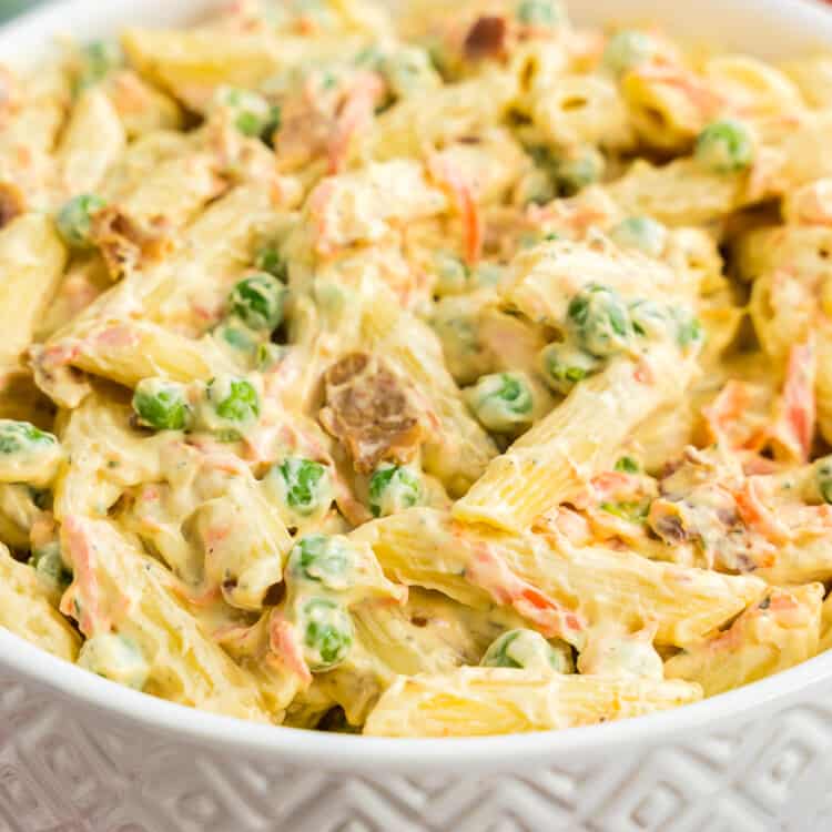 Bacon Ranch Pasta Salad in white bowl