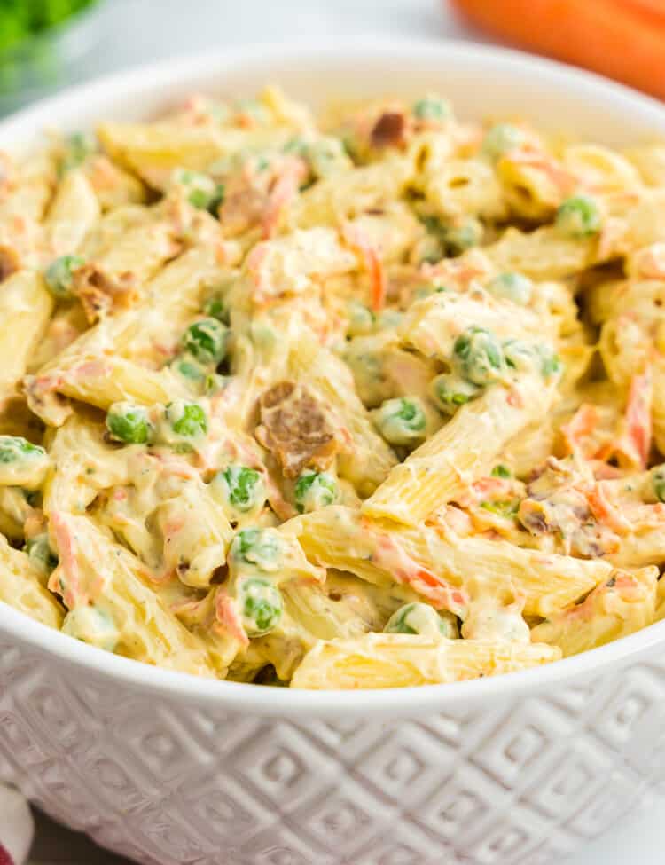 Bacon Ranch Pasta Salad in white bowl