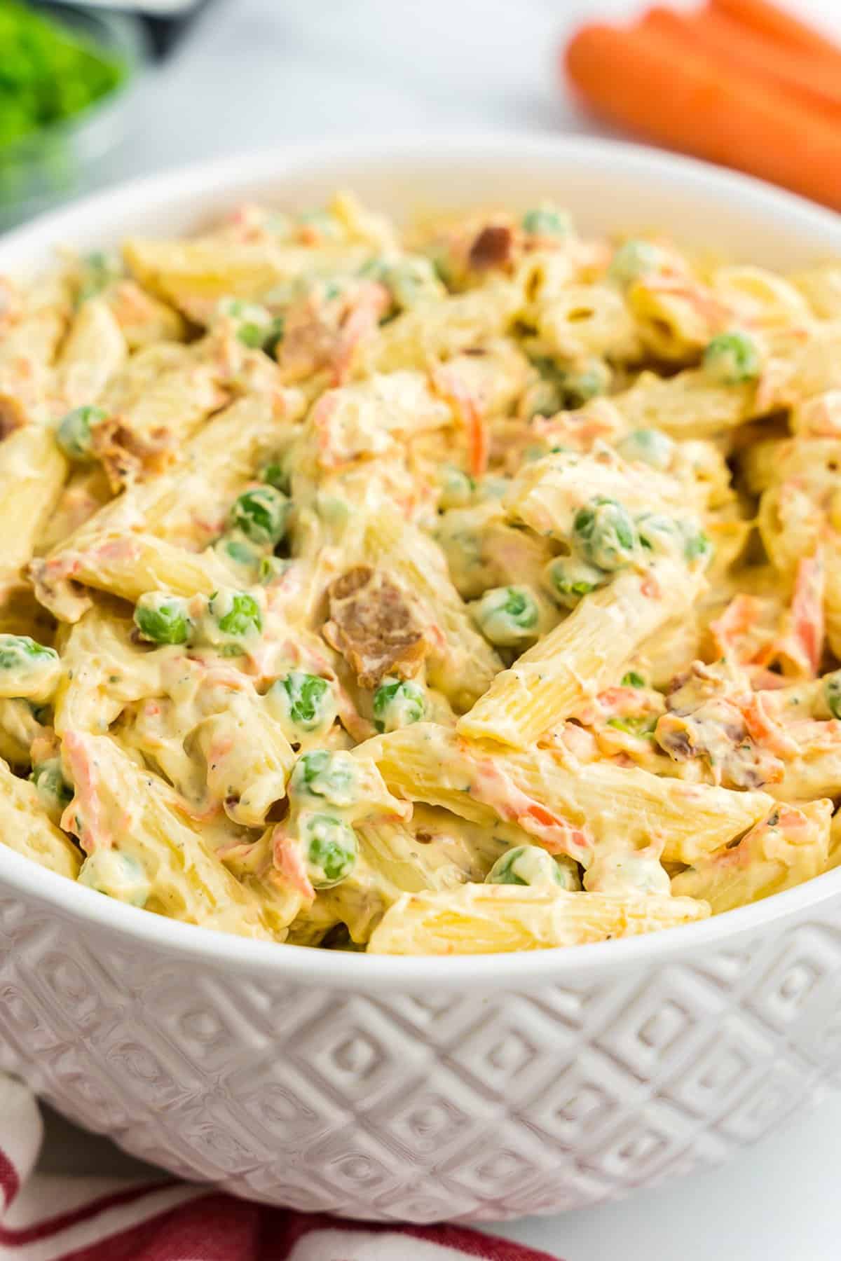 Bacon Ranch Pasta Salad in white bowl