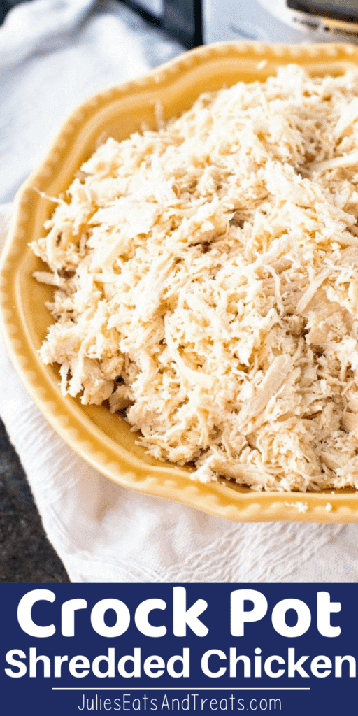 Crockpot Shredded Chicken in a large yellow bowl