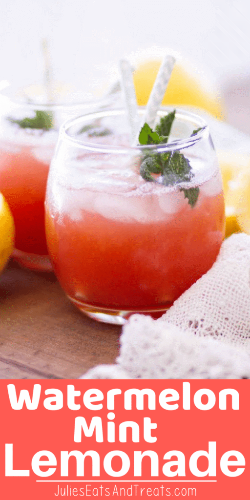 Watermelon Mint Lemonade in a short glass with a straw and mint