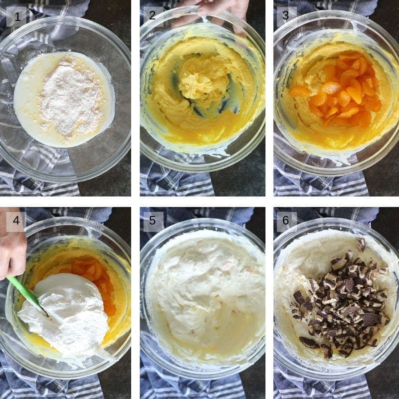 Collage of 6 images showing how to make cookie salad