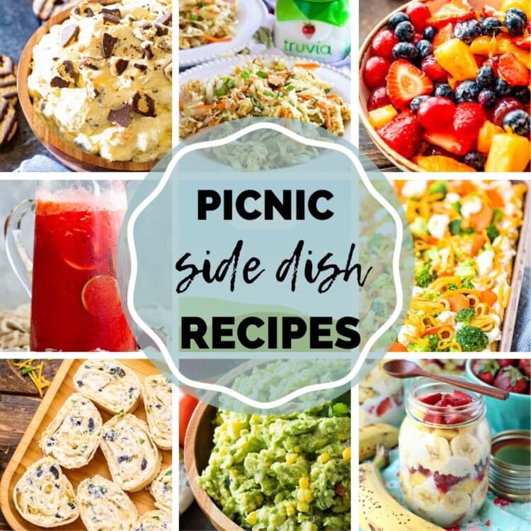 Square Collage of images featuring side dish picnic recipes