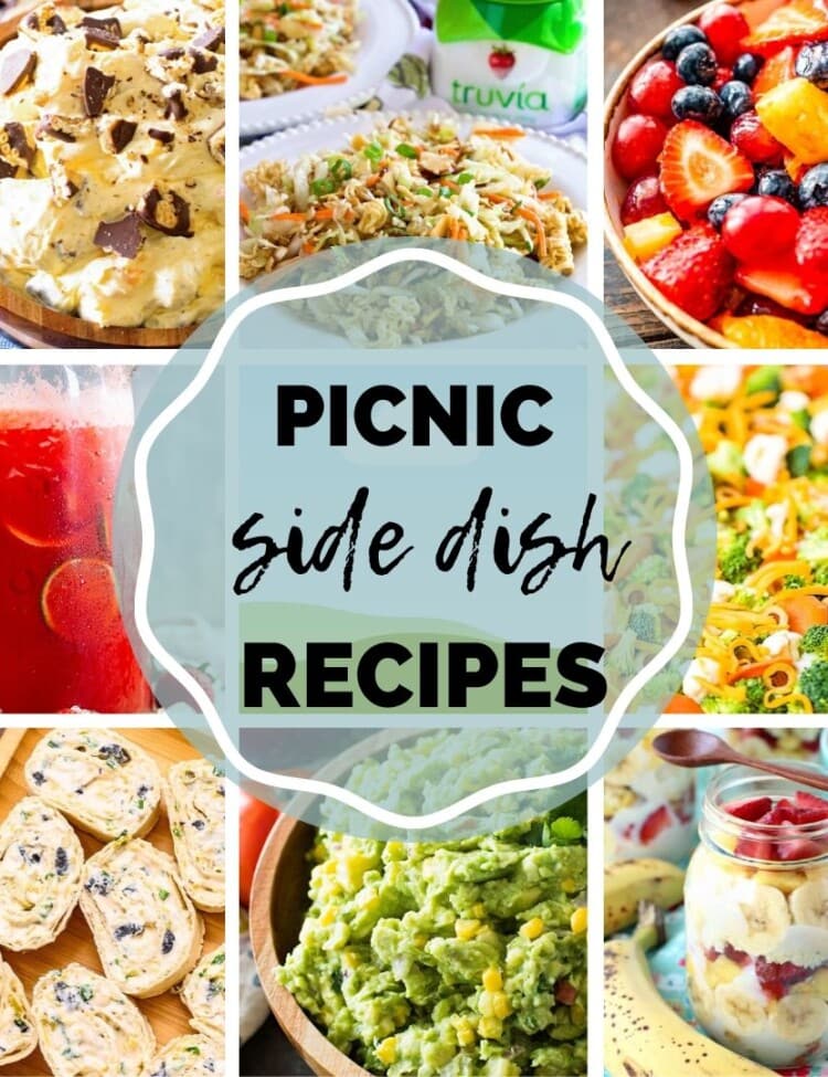 Square Collage of images featuring side dish picnic recipes