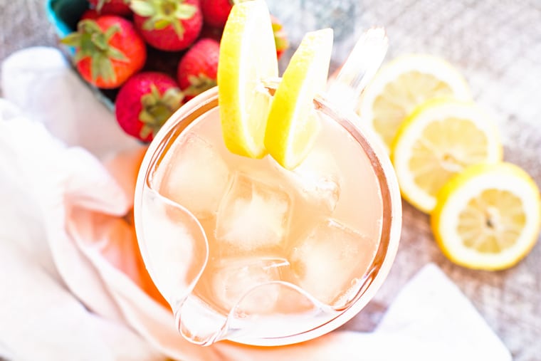 Overhead of Vodka Strawberry Lemonade in Pitcher