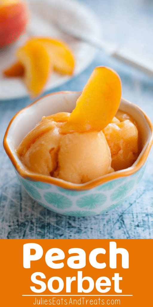 Homemade Peach Sorbet in a blue bowl
