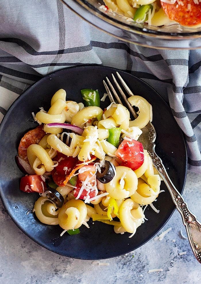 Cold Pasta Salad in Black Bowl