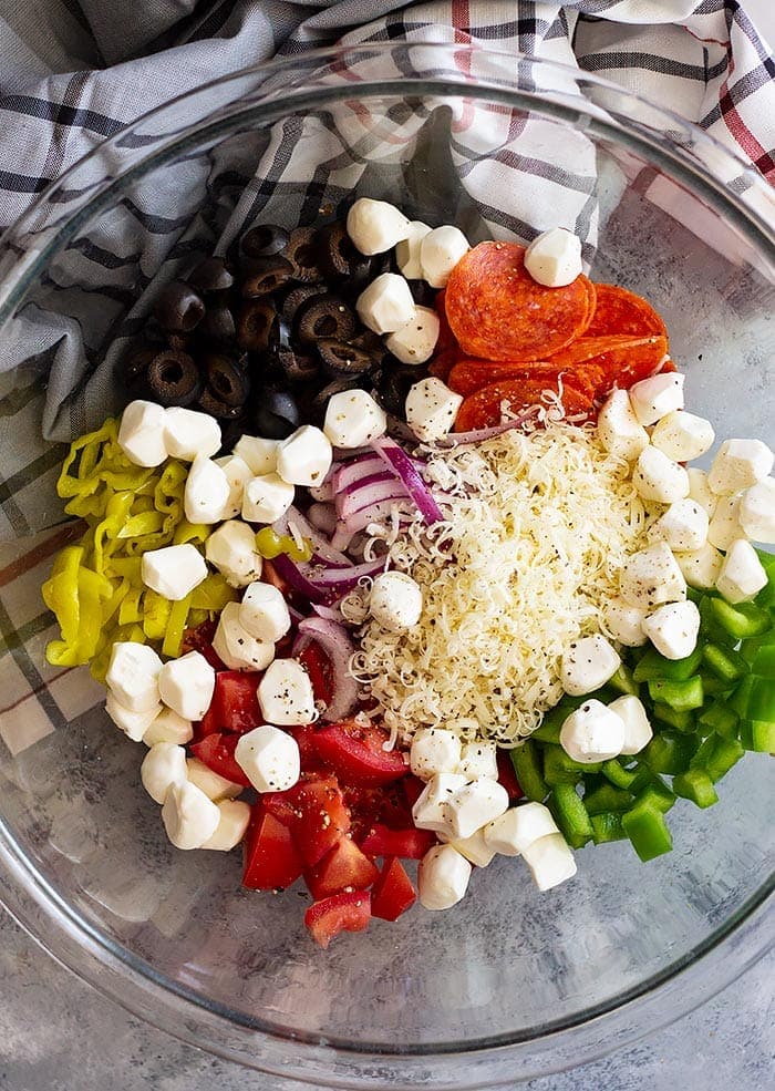 Pepperoni Pasta Salad Ingredients in Glass Bowl