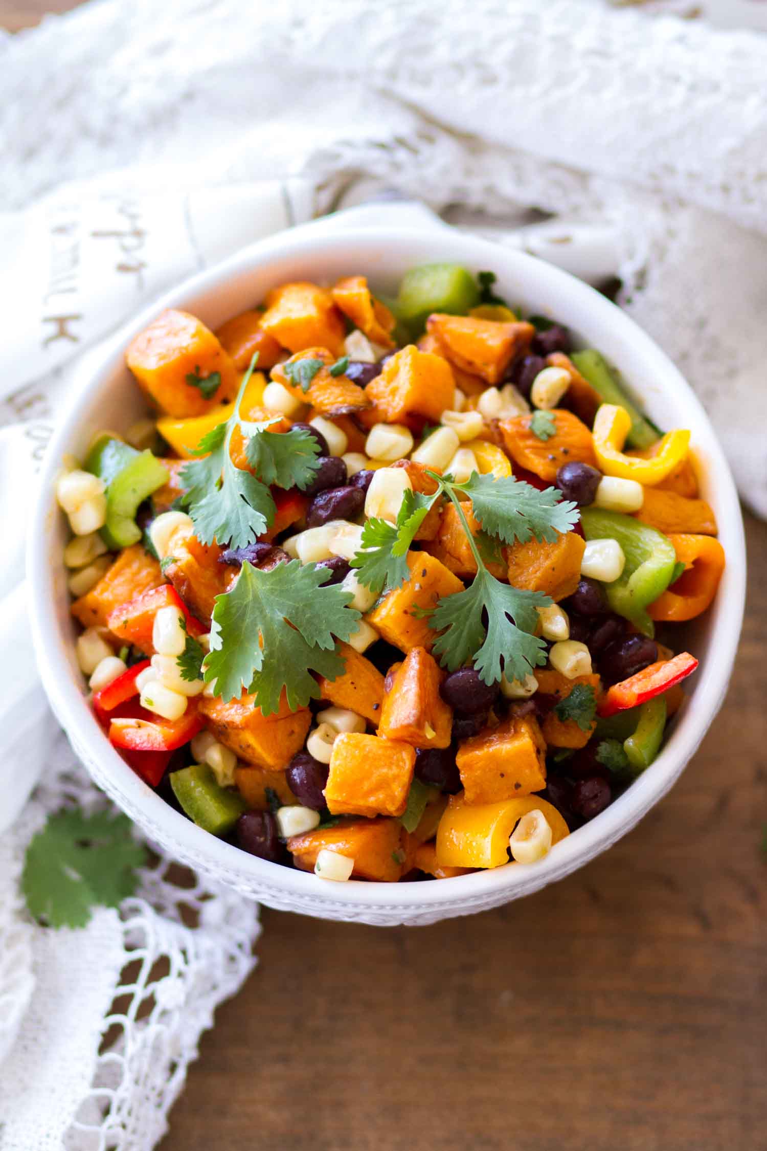 Overhead of Sweet Potato Salad Recipe Prepared in White Bowl