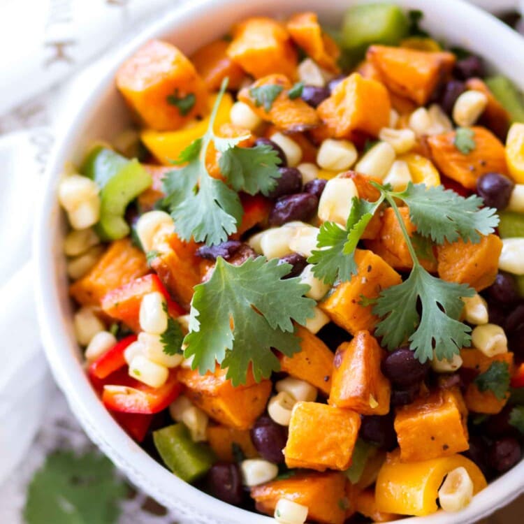 Southwestern sweet potato salad in a white bowl