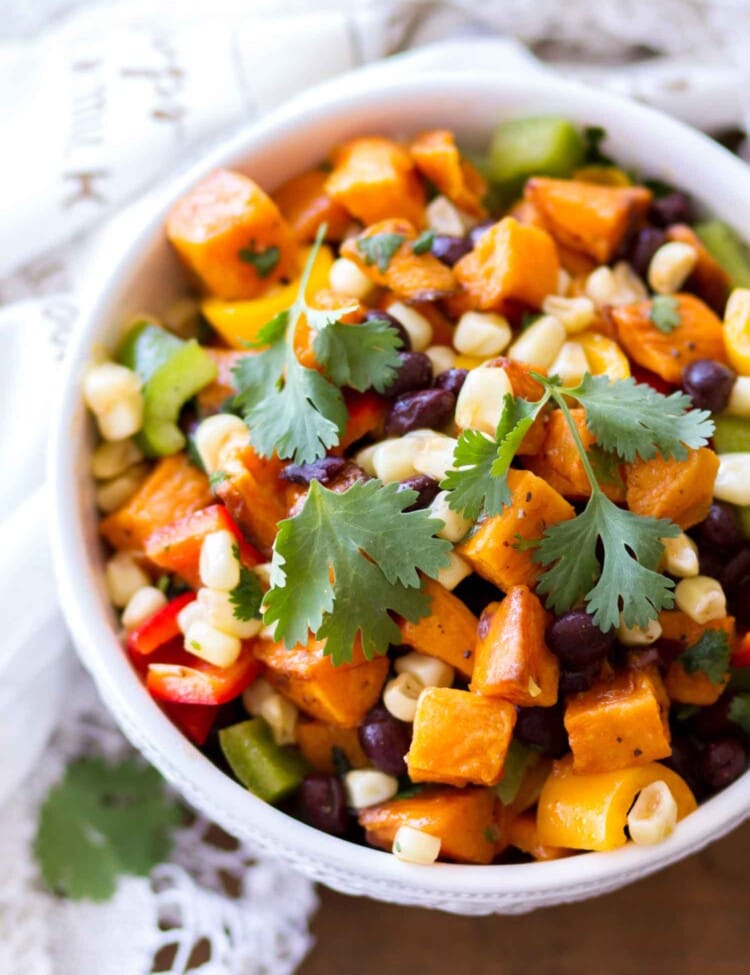 Southwestern sweet potato salad in a white bowl