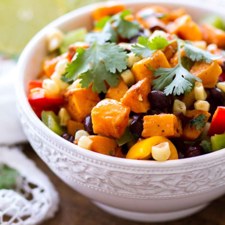 Southestern sweet potato salad in a white bowl