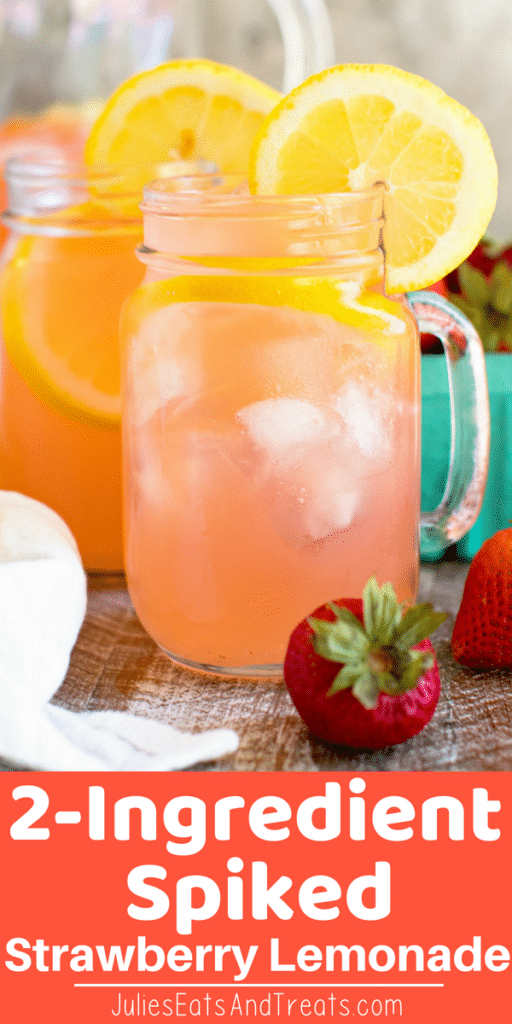 Spiked Strawberry Lemonade in a glass mason jar with lemon slices