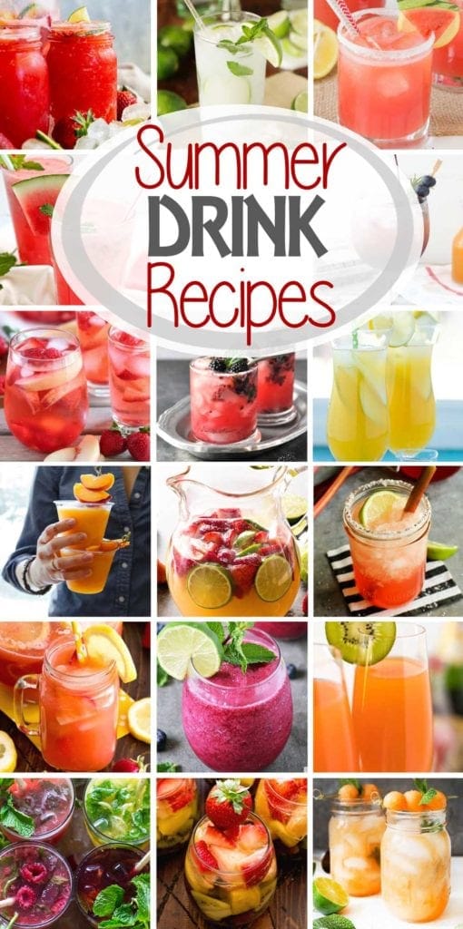 Collage with seventeen images of beverages and text reading summer drink recipes