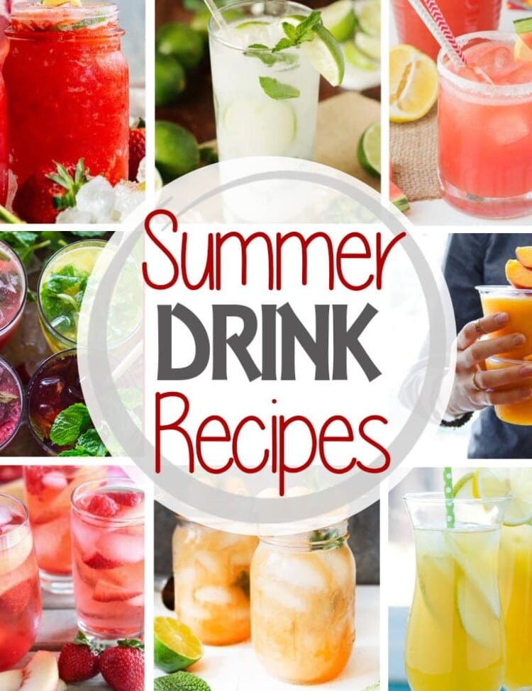 Square collage with eight images of beverages and text reading summer drink recipes