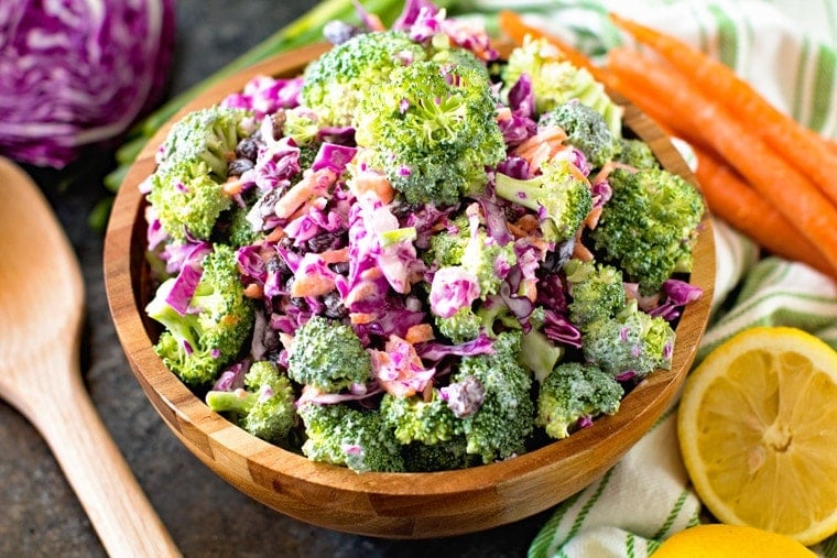 Skinny broccoli slaw in brown bowl