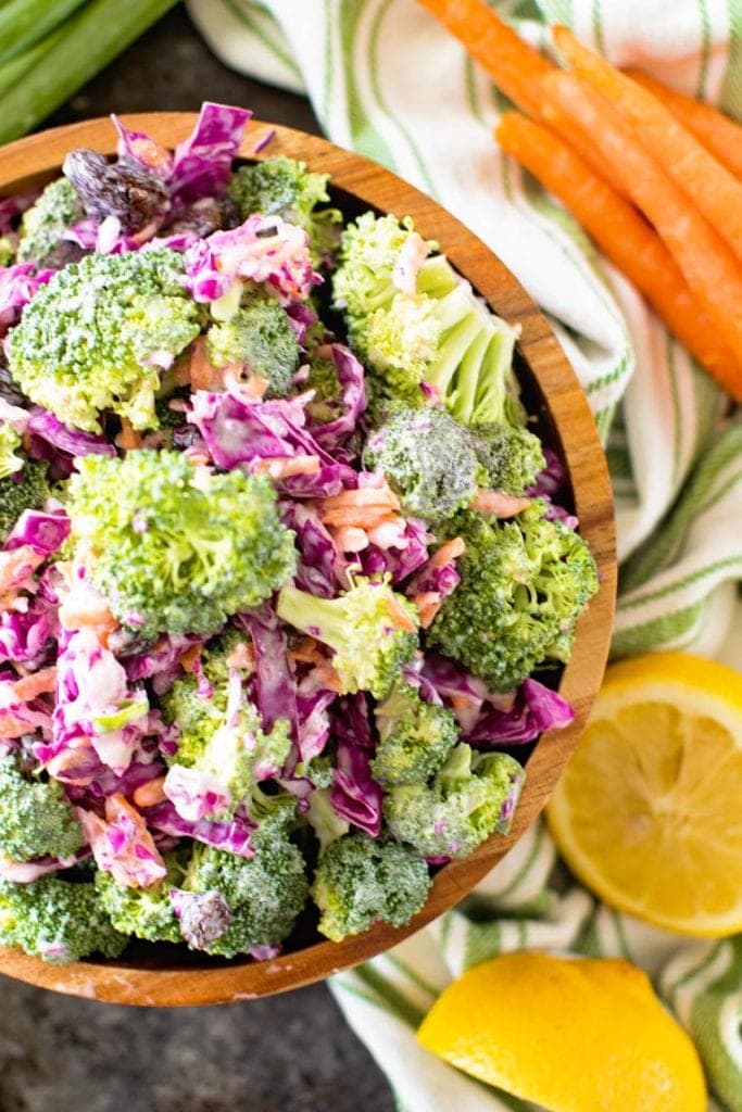 Broccoli Slaw recipe in brown bowl