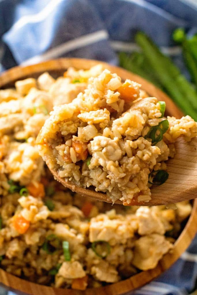 Cauliflower Fried Rice with Chicken on spoon