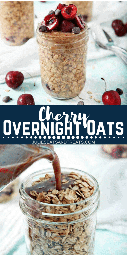 Collage with top image of prepared cherry oatmeal in a glass jar, middle banner with text reading cherry overnight oats, and bottom image of liquid being poured over oats in a glass jar