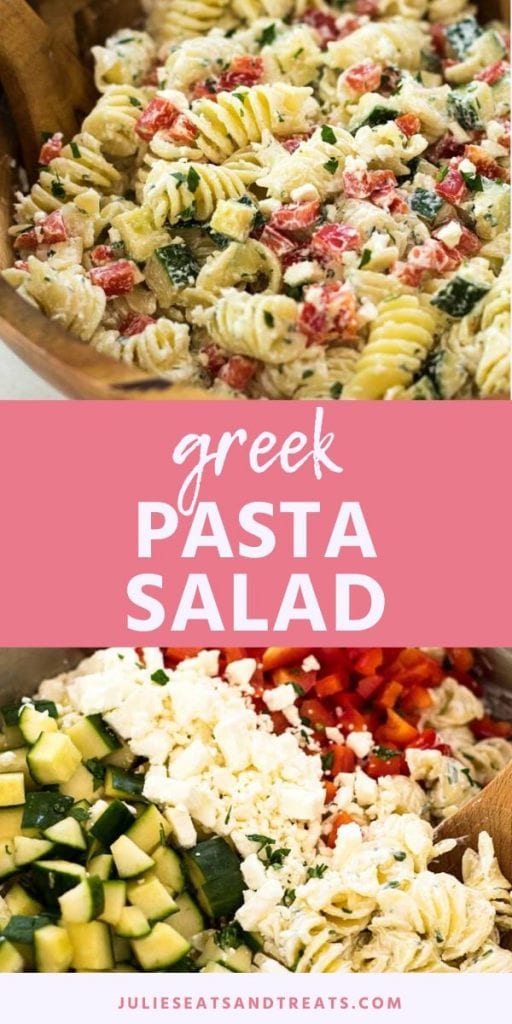 Pinterest Image for Greek Pasta Salad. Top overhead image of greek pasta salad in a wood bowl, bottom image of the ingredients for the pasta salad before being mixed