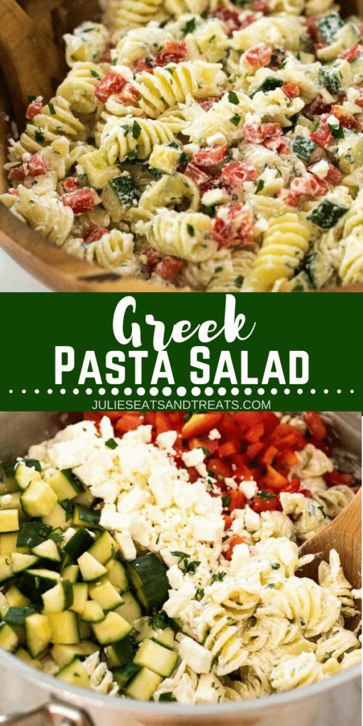 Collage with top image of prepared greek pasta salad in a wood serving bowl, middle banner with text reading greek pasta salad, and bottom image of unmixed ingredients for greek pasta salad in a pan