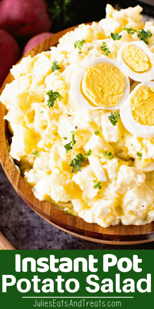 Instant pot potato salad topped with hard boiled eggs in a bowl