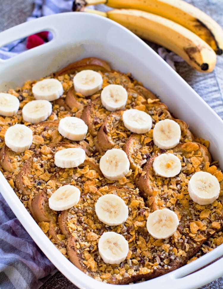 Pecan banana french toast in a white baking dish