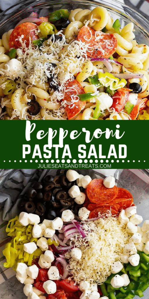 Collage with top image of prepared pepperoni pasta salad in a glass bowl, middle banner with text reading pepperoni pasta salad, and bottom image of unmixed ingredients for pasta salad in a glass bowl