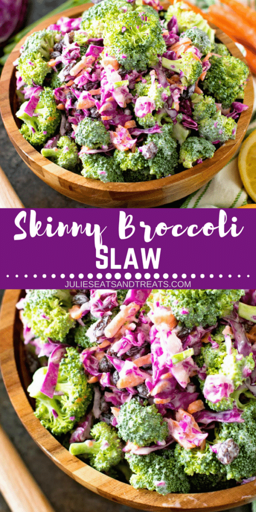 Collage with top image of skinny broccoli slaw in a wood serving bowl, middle banner with text reading skinny broccoli slaw, and bottom image of prepared broccoli slaw up close
